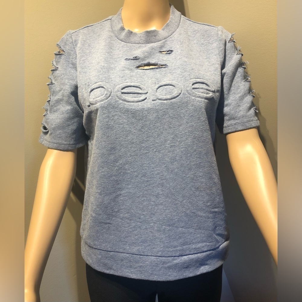 bebe Light Blue Distressed Short Sleeve Tee